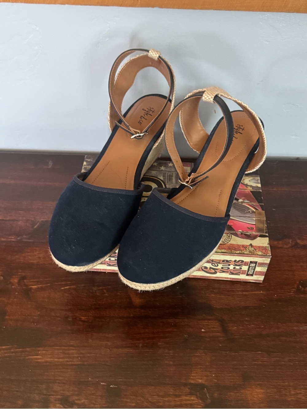 EUC Style & Co. Navy Espadrille Wedge Sandals with Tan Ankle Strap